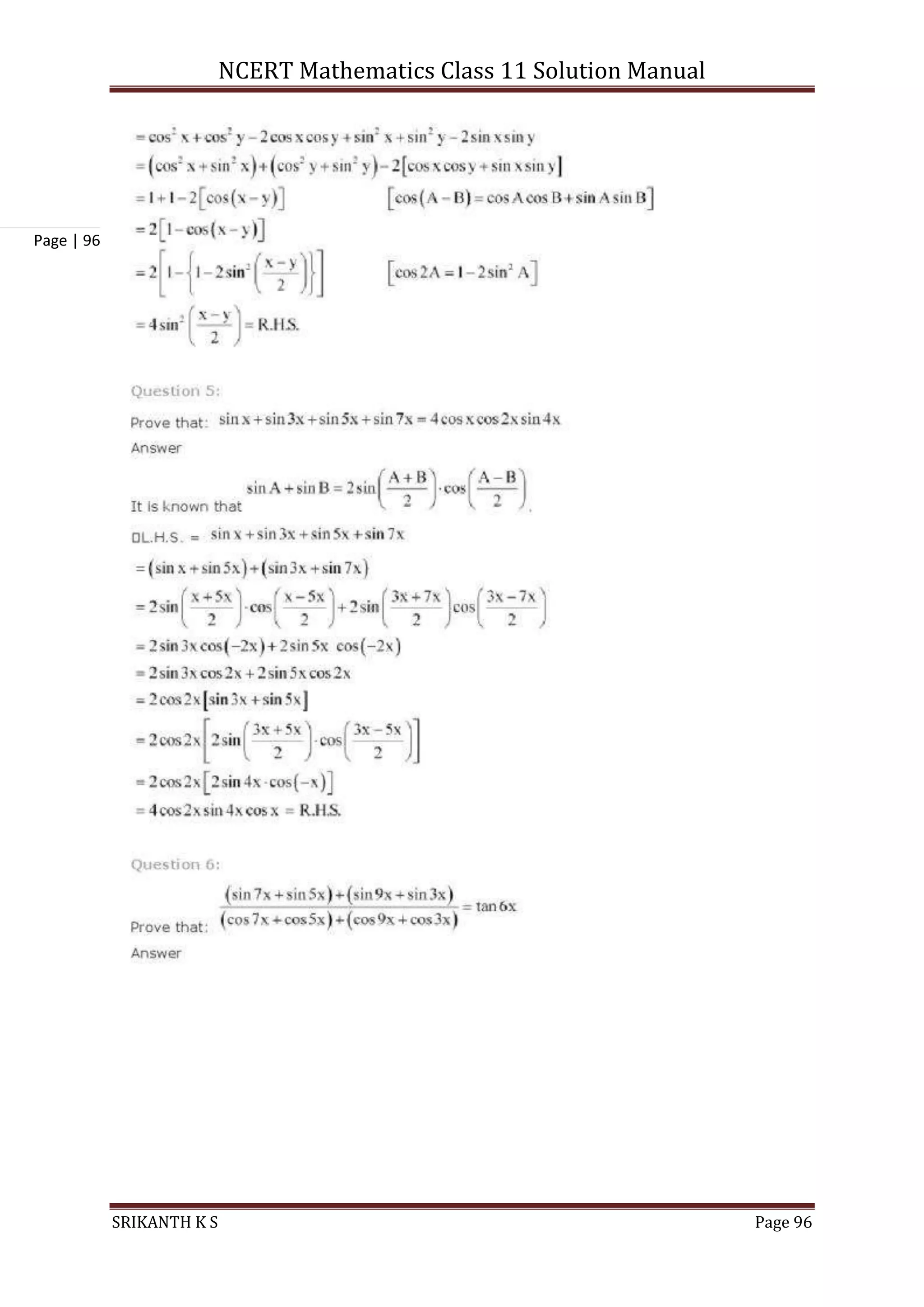 NCERT Mathematics Class 11 Solution Manual
SRIKANTH K S Page 96
Page | 96
 