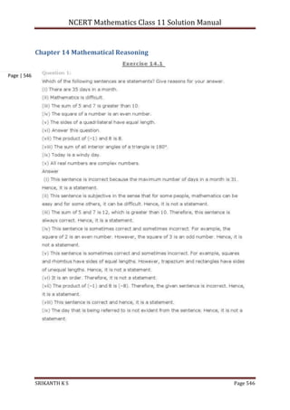NCERT Mathematics Class 11 Solution Manual
SRIKANTH K S Page 546
Page | 546
Chapter 14 Mathematical Reasoning
 