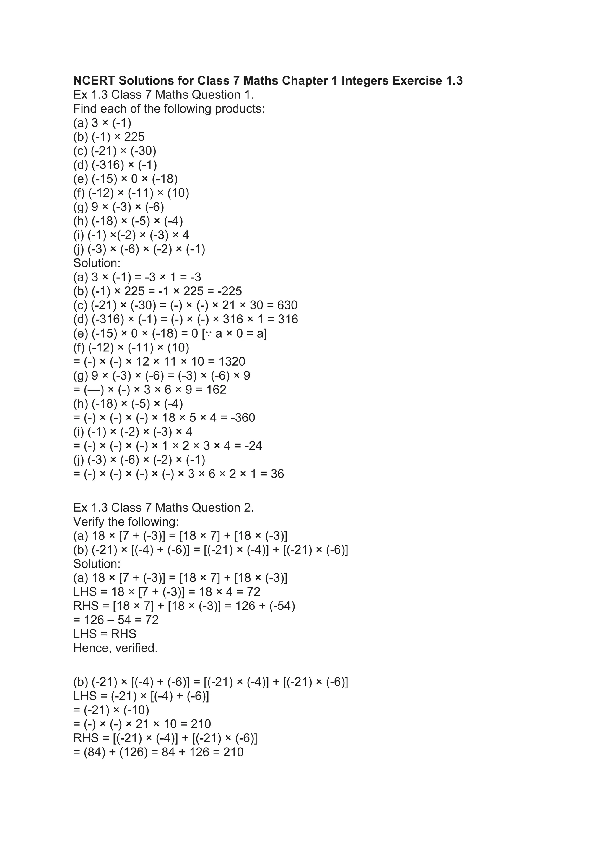 Ncert solutions for class 7 maths chapter 1 integers exercise 1 | PDF