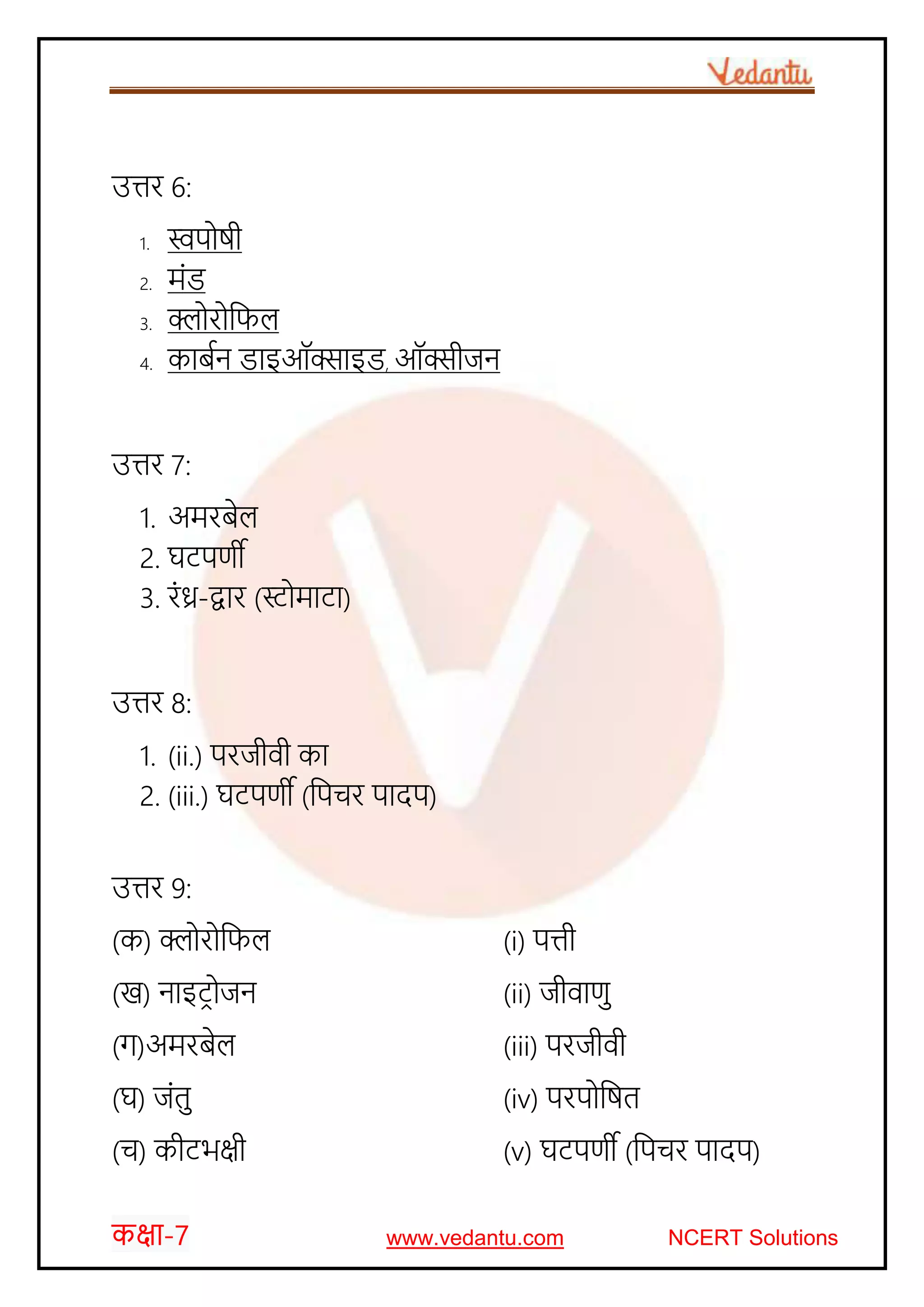 कक्षा-7 www.vedantu.com NCERT Solutions
उत्तर 6:
1. स्वप षी
2. मोंड
3. क्ल र जिल
4. काबचन डाइऑक्साइड, ऑक्सीजन
उत्तर 7:
1. अमरबेल
2. घटपणी
3. रोंध्र-द्वार (स्ट माटा)
उत्तर 8:
1. (ii.) परजीवी का
2. (iii.) घटपणी (जपर्र पादप)
उत्तर 9:
(क) क्ल र जिल (i) पत्ती
(ख) नाइटर जन (ii) जीवाणु
(ग)अमरबेल (iii) परजीवी
(घ) जोंतु (iv) परप जषत
(र्) कीटभक्षी (v) घटपणी (जपर्र पादप)
 