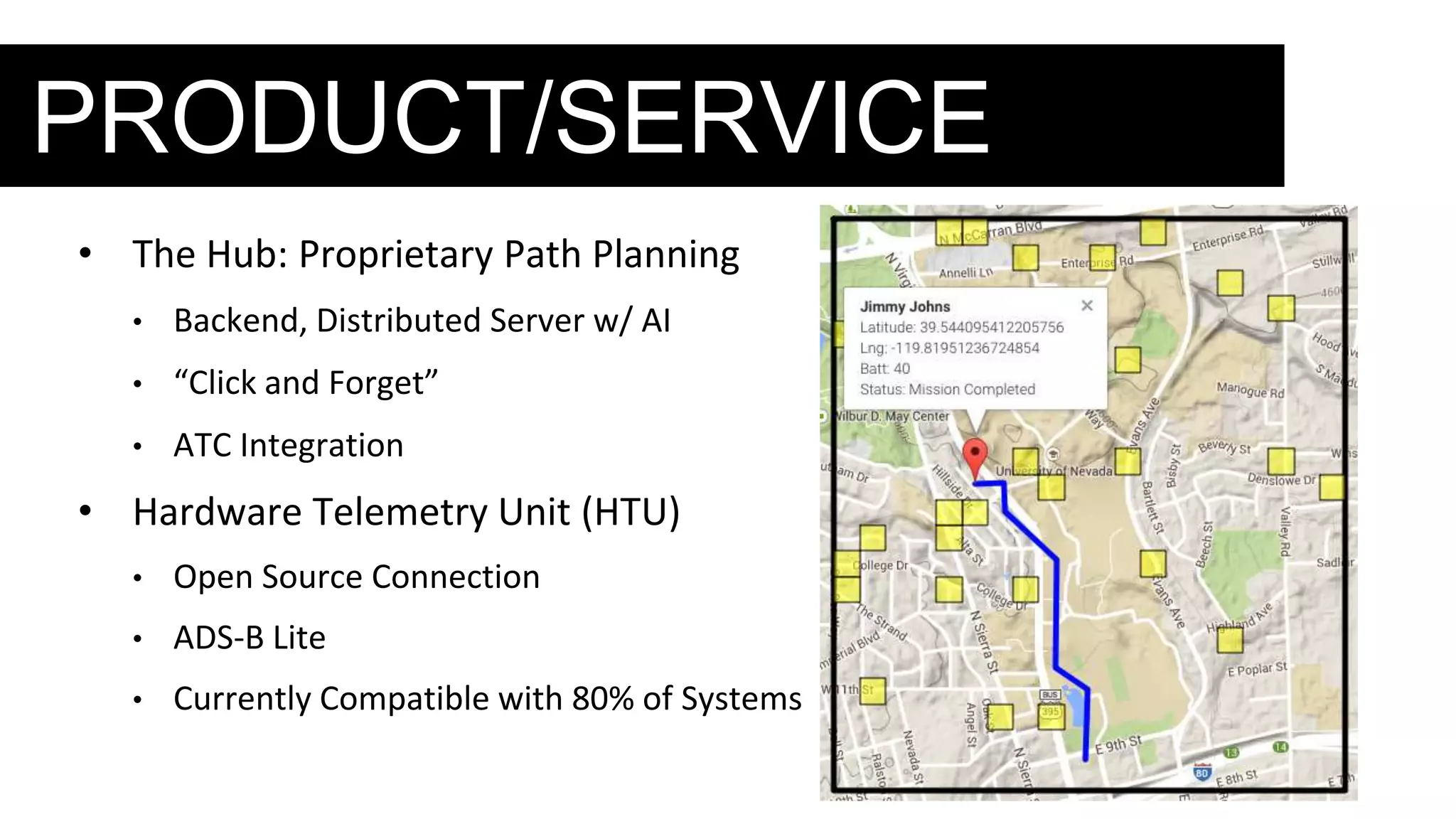 PRODUCT/SERVICE
• The Hub: Proprietary Path Planning
• Backend, Distributed Server w/ AI
• “Click and Forget”
• ATC Integration
• Hardware Telemetry Unit (HTU)
• Open Source Connection
• ADS-B Lite
• Currently Compatible with 80% of Systems
 