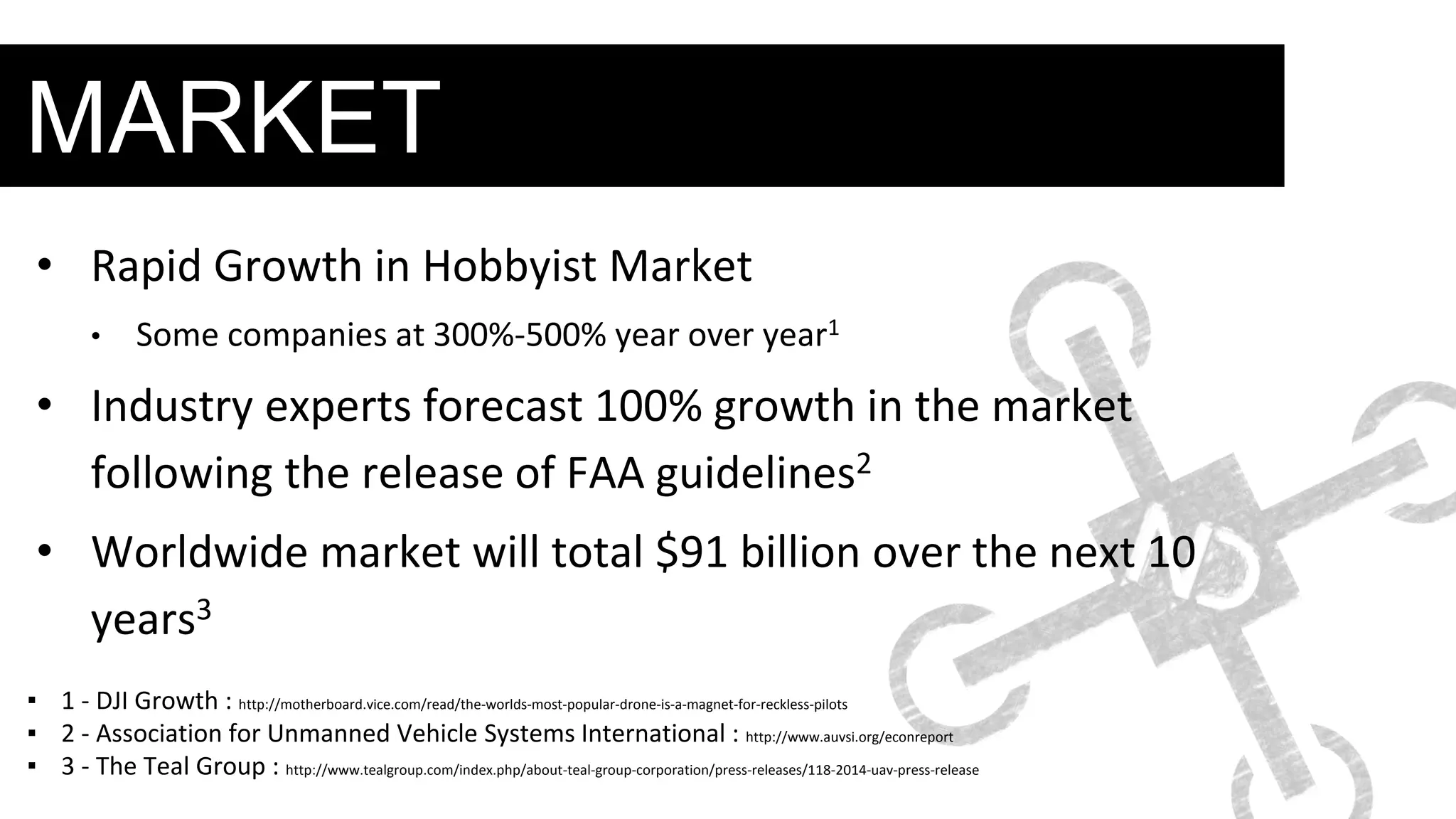 MARKET
• Rapid Growth in Hobbyist Market
• Some companies at 300%-500% year over year1
• Industry experts forecast 100% growth in the market
following the release of FAA guidelines2
• Worldwide market will total $91 billion over the next 10
years3
▪ 1 - DJI Growth : http://motherboard.vice.com/read/the-worlds-most-popular-drone-is-a-magnet-for-reckless-pilots
▪ 2 - Association for Unmanned Vehicle Systems International : http://www.auvsi.org/econreport
▪ 3 - The Teal Group : http://www.tealgroup.com/index.php/about-teal-group-corporation/press-releases/118-2014-uav-press-release
 