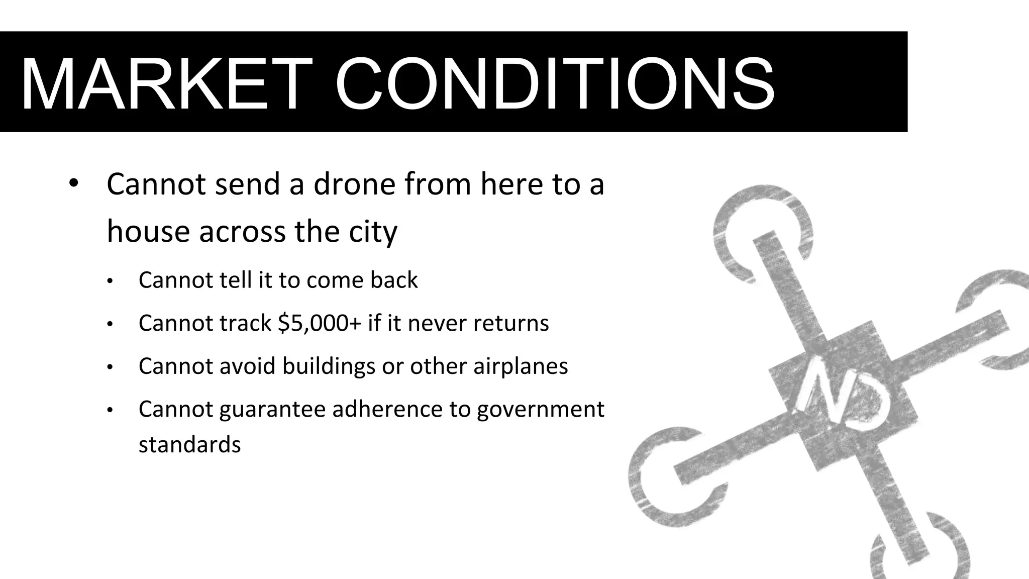 MARKET CONDITIONS
• Cannot send a drone from here to a
house across the city
• Cannot tell it to come back
• Cannot track $5,000+ if it never returns
• Cannot avoid buildings or other airplanes
• Cannot guarantee adherence to government
standards
 
