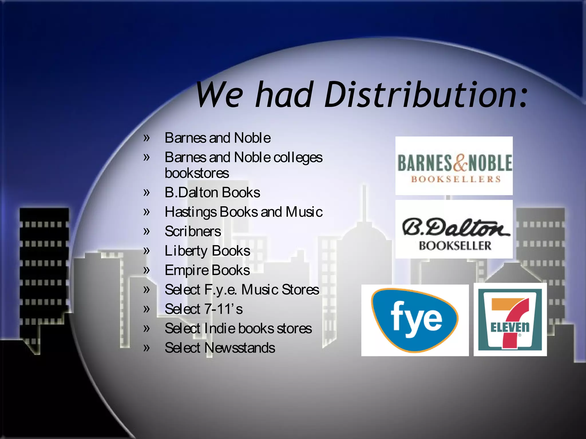 We had Distribution:
» Barnes and Noble
» Barnes and Noble colleges
bookstores
» B.Dalton Books
» Hastings Books and Music
» Scribners
» Liberty Books
» Empire Books
» Select F.y.e. Music Stores
» Select 7-11’ s
» Select Indie books stores
» Select Newsstands

 