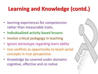 Learning and Knowledge (contd.)
• learning experiences for competencies
rather than measurable traits.
• Individualized ac...