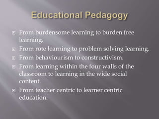  From burdensome learning to burden free
learning.
 From rote learning to problem solving learning.
 From behaviourism to constructivism.
 From learning within the four walls of the
classroom to learning in the wide social
content.
 From teacher centric to learner centric
education.
 