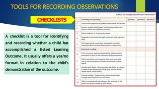 TOOLS FOR RECORDING OBSERVATIONS
CHECKLISTS
A checklist is a tool for identifying
and recording whether a child has
accomplished a listed Learning
Outcome. It usually offers a yes/no
format in relation to the child’s
demonstration of the outcome.
 