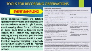 TOOLS FOR RECORDING OBSERVATIONS
While anecdotal records are detailed
qualitative observations and checklists are
summarized observations in tight formats,
event sampling allows for a combination
of both. Each time a targeted event
occurs, the Teacher may capture, in
writing,as many detailsas possiblefrom
the beginning of the event until the end.
Event or frequency sampling is especially
useful when Teacherswant to redirect
children’s unacceptable behaviour or
action.
EVENT SAMPLING
 