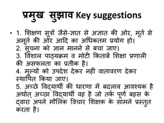 प्रभुख सुझाि Key suggestions
• 1. शशऺण सूत्रों जैसे-ऻात से अऻात की ओय, भूतड से
अभूतड की ओय आदद का अर्धकतभ प्रमोग हो।
2. सूचना को ऻान भानने से फचा जाए।
3. विशार ऩाठ्मिभ ि भोटी ककताफें शशऺा प्रणारी
की असपरता का प्रतीक है।
4. भूल्मों को उऩदेश देकय नहीॊ िाताियण देकय
स्थावऩत ककमा जाए।
5. अच्छे विद्माथी की धायणा भें फदराि आिश्मक है
अथाडत ् अच्छा विद्माथी िह है जो तक
ड ऩूणड फहस क
े
द्िाया अऩने भौशरक विचाय शशऺक क
े साभने प्रस्तुत
कयता है।
 