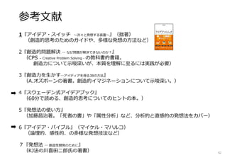 参考文献
1『アイデア・スイッチ 〜次々と発想する装置〜』（拙著）
（創造的思考のためのガイドや、多様な発想の方法など）
2『創造的問題解決 ― なぜ問題が解決できないのか︖』
（CPS – Creative Problem Solving - の教科書的書籍。
創造⼒について⽰唆深いが、本質を理解に⾄るには実践が必要）
3『創造⼒を生かす―アイディアを得る38の方法』
（A.オズボーンの著書。創造的イマジネーションについて⽰唆深い。）
4『スウェーデン式アイデアブック』
（60分で読める、創造的思考についてのヒントの本。）
5『発想法の使い方』
（加藤昌治著。「死者の書」や「属性分析」など、分析的と直感的の発想法をカバー）
6『アイデア・バイブル』（マイケル・マハルコ）
（論理的、感性的、の多様な発想技法など）
７『発想法 ― 創造性開発のために』
（KJ法の川喜田二郎氏の著書） 62
 