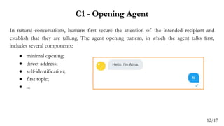C1 - Opening Agent
In natural conversations, humans first secure the attention of the intended recipient and
establish that they are talking. The agent opening pattern, in which the agent talks first,
includes several components:
● minimal opening;
● direct address;
● self-identification;
● first topic;
● ...
12/17
 