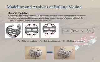 Dynamic modeling
Compared to Free rolling complexity is increased because now control inputs exist that can be used
to control the dynamics of the system. As a first step into investigation of actuated rolling of the
TRREx, a planar version of the problem is considered.
10
: Normal reaction : Frictional reaction : Rolling resistanceN fr RF F F
   
4
, ,
1
j
O
O O O
B sys B sys B Cext O Oj
d
h v m v
dt 
    
Modeling and Analysis of Rolling Motion
 