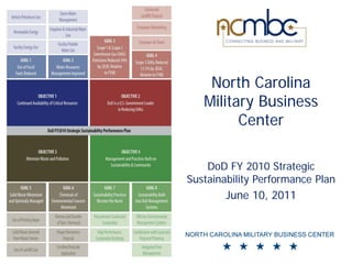 North Carolina
   Military Business
         Center

    DoD FY 2010 Strategic
Sustainability Performance Plan
        June 10, 2011
 