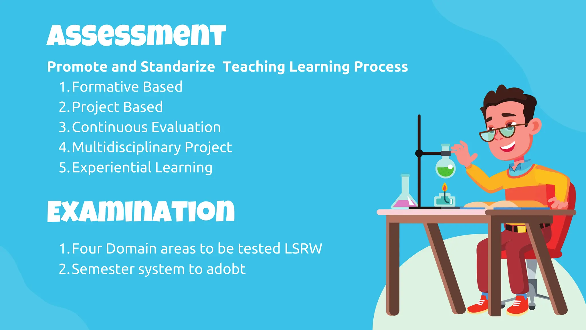 Assessment
Promote and Standarize Teaching Learning Process
Formative Based
1.
Project Based
2.
Continuous Evaluation
3.
Multidisciplinary Project
4.
Experiential Learning
5.
MORE PROFILE
Four Domain areas to be tested LSRW
1.
Semester system to adobt
2.
Examination
 