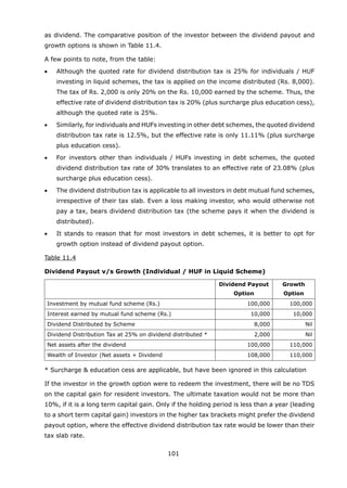 101
as dividend. The comparative position of the investor between the dividend payout and
growth options is shown in Table 11.4.
	 A few points to note, from the table:
	 •	 Although the quoted rate for dividend distribution tax is 25% for individuals / HUF
investing in liquid schemes, the tax is applied on the income distributed (Rs. 8,000).
The tax of Rs. 2,000 is only 20% on the Rs. 10,000 earned by the scheme. Thus, the
effective rate of dividend distribution tax is 20% (plus surcharge plus education cess),
although the quoted rate is 25%.
	 •	 Similarly, for individuals and HUFs investing in other debt schemes, the quoted dividend
distribution tax rate is 12.5%, but the effective rate is only 11.11% (plus surcharge
plus education cess).
	 •	 For investors other than individuals / HUFs investing in debt schemes, the quoted
dividend distribution tax rate of 30% translates to an effective rate of 23.08% (plus
surcharge plus education cess).
	 •	 The dividend distribution tax is applicable to all investors in debt mutual fund schemes,
irrespective of their tax slab. Even a loss making investor, who would otherwise not
pay a tax, bears dividend distribution tax (the scheme pays it when the dividend is
distributed).
	 •	 It stands to reason that for most investors in debt schemes, it is better to opt for
growth option instead of dividend payout option.
	 Table 11.4
	 Dividend Payout v/s Growth (Individual / HUF in Liquid Scheme)
Dividend Payout
Option
Growth
Option
Investment by mutual fund scheme (Rs.) 100,000 100,000
Interest earned by mutual fund scheme (Rs.) 10,000 10,000
Dividend Distributed by Scheme 8,000 Nil
Dividend Distribution Tax at 25% on dividend distributed * 2,000 Nil
Net assets after the dividend 100,000 110,000
Wealth of Investor (Net assets + Dividend 108,000 110,000
	 * Surcharge  education cess are applicable, but have been ignored in this calculation
	 If the investor in the growth option were to redeem the investment, there will be no TDS
on the capital gain for resident investors. The ultimate taxation would not be more than
10%, if it is a long term capital gain. Only if the holding period is less than a year (leading
to a short term capital gain) investors in the higher tax brackets might prefer the dividend
payout option, where the effective dividend distribution tax rate would be lower than their
tax slab rate.
 