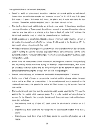 28
The applicable YTM is determined as follows:
•	 Based on yield on government securities, risk-free benchmark yields are calculated.
Government securities are grouped into “duration buckets” of 0.25-0.5 year, 0.5-1 year,
1-2 years, 2-3 years, 3-4 years, 4-5 years, 5-6 years, and 6 years and above for this
purpose. Thereafter, volume-weighted yield is calculated for each bucket.
•	 The risk-free benchmark yield is to be set at least every week. If there is any significant
movement in prices of Government Securities on account of any event impacting interest
rated on any day such as a change in the Reserve Bank of India (RBI) policies, the
benchmark has to be reset to reflect the change in market conditions.
•	 Credit spreads are to be calculated based on trades (minimum trade value Rs. 1 crore) of
corporate debentures/bonds of different ratings. Credit spread is the Corporate YTM for
each credit rating, minus the risk-free yield.
•	 All trades in the stock exchange during the fortnight prior to the benchmark date are to be
used in building the volume-weighted corporate YTM and spread matrices (for the same
duration buckets for various credit ratings). The most conservative publicly available credit
rating is to be used.
•	 Where there are no secondary trades on the stock exchange in a particular rating category
and no primary market issuances during the fortnight under consideration, then trades
on the stock exchange during the 30 day period prior to the benchmark date can be
considered for computing the average YTM for such rating category.
•	 In each rating category, all outliers are removed for smoothening the YTM matrix.
•	 In the event of lack of trades in the secondary market and the primary market the gaps
in the matrix are filled by extrapolation. If the spreads cannot be extrapolated for the
reason of practicality, the gaps in the matrix are filled by carrying the spreads from the
last matrix.
•	 The benchmark risk free yield plus the applicable credit spread would be the YTM used for
valuing the non-traded rated corporate paper. This is to be marked-up/marked-down to
account for the illiquidity risk, promoter background, finance company risk and the issuer
class risk, as follows:
	 o	 Discretionary mark up of upto 100 basis points for securities of duration up to 2
years;
	 o	 Discretionary mark up of upto 75 basis points for securities of duration more than 2
years;
	 o	 Discretionary mark down of up to 50 basis points for securities of duration up to 2
years;
 