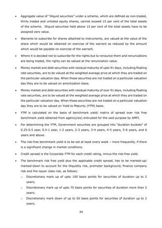 34
•	 Aggregate value of “illiquid securities” under a scheme, which are defined as non-traded,
thinly traded and unlisted equity shares, cannot exceed 15 per cent of the total assets
of the scheme. Illiquid securities held above 15 per cent of the total assets have to be
assigned zero value.
•	 Warrants to subscribe for shares attached to instruments, are valued at the value of the
share which would be obtained on exercise of the warrant as reduced by the amount
which would be payable on exercise of the warrant.
•	 Where it is decided not to subscribe for the rights but to renounce them and renunciations
are being traded, the rights can be valued at the renunciation value.
•	 Money market and debt securities with residual maturity of upto 91 days, including floating
rate securities, are to be valued at the weighted average price at which they are traded on
the particular valuation day. When these securities are not traded on a particular valuation
day they are to be valued on amortization basis.
•	 Money market and debt securities with residual maturity of over 91 days, including floating
rate securities, are to be valued at the weighted average price at which they are traded on
the particular valuation day. When these securities are not traded on a particular valuation
day they are to be valued on Yield to Maturity (YTM) basis.
•	 YTM is calculated on the basis of benchmark yield/ matrix of spread over risk free
benchmark yield obtained from agency(ies) entrusted for the said purpose by AMFI.
•	 For determining the YTM, Government securities are grouped into “duration buckets” of
0.25-0.5 year, 0.5-1 year, 1-2 years, 2-3 years, 3-4 years, 4-5 years, 5-6 years, and 6
years and above.
•	 The risk-free benchmark yield is to be set at least every week – more frequently, if there
is a significant change in market conditions.
•	 Credit spread is the Corporate YTM for each credit rating, minus the risk-free yield.
•	 The benchmark risk free yield plus the applicable credit spread, has to be marked-up/
marked-down to account for the illiquidity risk, promoter background, finance company
risk and the issuer class risk, as follows:
	 o	 Discretionary mark up of upto 100 basis points for securities of duration up to 2
years;
	 o	 Discretionary mark up of upto 75 basis points for securities of duration more than 2
years;
	 o	 Discretionary mark down of up to 50 basis points for securities of duration up to 2
years;
 
