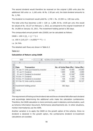 56
	 The second dividend would therefore be received on the original 1,000 units plus the
additional 160 units i.e. 1,160 units. At Rs. 1.50 per unit, the total dividend amounts to
Rs. 1,740.
	 The dividend re-investment would yield Rs. 1,740 ÷ Rs. 13.594 i.e. 128 new units.
	 The total units thus becomes 1,160 + 128 i.e. 1,288. At Rs. 14.85 per unit, this would
be valued at Rs. 19,127 on February 1, 2012, as compared to the original investment of
Rs. 14,000 on January 15, 2011. The investment holding period is 382 days.
	 The compounded annual growth rate (CAGR) can be calculated as follows:
	 CAGR = 100 X {(I2
÷ I1
) (1÷r)
}-1
	 i.e. 100 X {(19,127 ÷ 14,000)(365÷382
} - 1
	 i.e. 34.74%
	 The detailed cash flows are shown in Table 6.3
	 Table 6.3
	 Calculation of Return using CAGR
	 The requirement of finding out the dividend rate and the ex-dividend NAV after each dividend
and accordingly determining the additional units make the calculation cumbersome.
Therefore, the CAGR calculation is more commonly used in statutory communication, such
as Scheme Information Document, Performance advertisements etc. In other situations,
market intermediaries use the XIRR.
	 Another variation is to apply the CAGR on the growth option of the scheme. Since no
dividend is declared in the growth option, the cumbersome dividend re-investment
calculations are avoided.
 