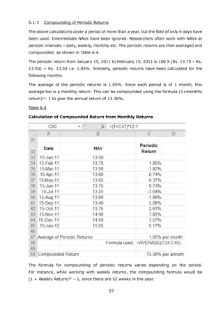 57
	 6.1.3	 Compounding of Periodic Returns
	 The above calculations cover a period of more than a year, but the NAV of only 4 days have
been used. Intermediate NAVs have been ignored. Researchers often work with NAVs at
periodic intervals – daily, weekly, monthly etc. The periodic returns are then averaged and
compounded, as shown in Table 6.4.
	 The periodic return from January 15, 2011 to February 15, 2011 is 100 X (Rs. 13.75 – Rs.
13.50) ÷ Rs. 13.50 i.e. 1.85%. Similarly, periodic returns have been calculated for the
following months.
	 The average of the periodic returns is 1.05%. Since each period is of 1 month, this
average too is a monthly return. This can be compounded using the formula (1+monthly
return)12
- 1 to give the annual return of 13.36%.
	 Table 6.4
	 Calculation of Compounded Return from Monthly Returns
	 The formula for compounding of periodic returns varies depending on the period.
For instance, while working with weekly returns, the compounding formula would be
(1 + Weekly Return)52
– 1, since there are 52 weeks in the year.
 