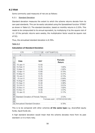 58
6.2 Risk
	 Some commonly used measures of risk are as follows:
	 6.2.1	 Standard Deviation
	 Standard deviation measures the extent to which the scheme returns deviate from its
own past standards. This can be easily calculated using the Spreadsheet function ‘STDEV’
as shown in Table 6.5. The standard deviation, based on monthly returns is 2.53%. This
needs to be compounded to its annual equivalent, by multiplying it by the square root of
12. (If the periodic returns were weekly, the multiplication factor would be square root
of 52).
	 Thus, the annualised standard deviation is 8.78%.
	 Table 6.5
	 Calculation of Standard Deviation
	 This is to be compared with other schemes of the same type e.g. diversified equity
funds, liquid funds etc.
	 A high standard deviation would mean that the scheme deviates more from its past
standard i.e it is more risky.
 