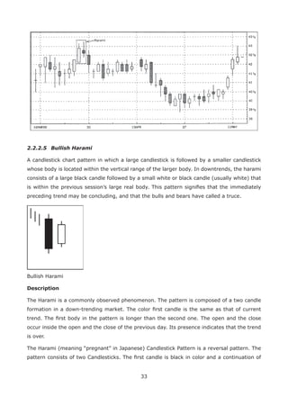 33
2.2.2.5 Bullish Harami
A candlestick chart pattern in which a large candlestick is followed by a smaller candlestick
whose body is located within the vertical range of the larger body. In downtrends, the harami
consists of a large black candle followed by a small white or black candle (usually white) that
is within the previous session’s large real body. This pattern signiﬁes that the immediately
preceding trend may be concluding, and that the bulls and bears have called a truce.
Bullish Harami
Description
The Harami is a commonly observed phenomenon. The pattern is composed of a two candle
formation in a down-trending market. The color ﬁrst candle is the same as that of current
trend. The ﬁrst body in the pattern is longer than the second one. The open and the close
occur inside the open and the close of the previous day. Its presence indicates that the trend
is over.
The Harami (meaning “pregnant” in Japanese) Candlestick Pattern is a reversal pattern. The
pattern consists of two Candlesticks. The ﬁrst candle is black in color and a continuation of
 