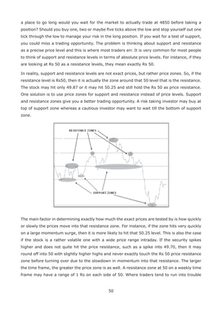 50
a place to go long would you wait for the market to actually trade at 4850 before taking a
position? Should you buy one, two or maybe ﬁve ticks above the low and stop yourself out one
tick through the low to manage your risk in the long position. If you wait for a test of support,
you could miss a trading opportunity. The problem is thinking about support and resistance
as a precise price level and this is where most traders err. It is very common for most people
to think of support and resistance levels in terms of absolute price levels. For instance, if they
are looking at Rs 50 as a resistance levels, they mean exactly Rs 50.
In reality, support and resistance levels are not exact prices, but rather price zones. So, if the
resistance level is Rs50, then it is actually the zone around that 50 level that is the resistance.
The stock may hit only 49.87 or it may hit 50.25 and still hold the Rs 50 as price resistance.
One solution is to use price zones for support and resistance instead of price levels. Support
and resistance zones give you a better trading opportunity. A risk taking investor may buy at
top of support zone whereas a cautious investor may want to wait till the bottom of support
zone.
The main factor in determining exactly how much the exact prices are tested by is how quickly
or slowly the prices move into that resistance zone. For instance, if the zone hits very quickly
on a large momentum surge, then it is more likely to hit that 50.25 level. This is also the case
if the stock is a rather volatile one with a wide price range intraday. If the security spikes
higher and does not quite hit the price resistance, such as a spike into 49.70, then it may
round off into 50 with slightly higher highs and never exactly touch the Rs 50 price resistance
zone before turning over due to the slowdown in momentum into that resistance. The larger
the time frame, the greater the price zone is as well. A resistance zone at 50 on a weekly time
frame may have a range of 1 Rs on each side of 50. Where traders tend to run into trouble
 