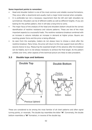 62
Some important points to remember:
• Head and shoulder bottom is one of the most common and reliable reversal formations.
They occur after a downtrend and usually mark a major trend reversal when complete.
• It is preferable but not a necessary requirement that the left and right shoulders be
symmetrical. Shoulders can be of different widths as well as different heights. If you are
looking for the perfect pattern, then it will take a long time to come.
• The major focus of the analysis of the head and shoulders bottom should be the correct
identiﬁcation of neckline resistance and volume patterns. These are two of the most
important aspects to a successful trade. The neckline resistance breakout combined with
an increase in volume indicates an increase in demand at higher prices. Buyers are
exerting greater force and the price is being affected.
• As seen from the examples, traders do not always have to choose a stock after the
neckline breakout. Many times, the price will return to this new support level and offer a
second chance to buy. Measuring the expected length of the advance after the breakout
can be helpful, but it is not always necessary to achieve the ﬁnal target. As the pattern
unfolds over time, other aspects of the technical picture are likely to take precedent.
3.3 Double tops and bottoms
These are considered to be among the most familiar of all chart patterns and often signal
turning points, or reversals. The double top resembles the letter “M”. Conversely, the double
bottom resembles a “W” formation; in reverse of the double top.
 
