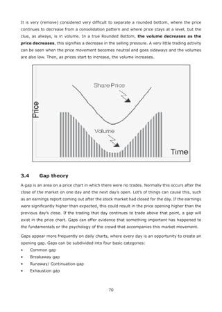 70
It is very (remove) considered very difﬁcult to separate a rounded bottom, where the price
continues to decrease from a consolidation pattern and where price stays at a level, but the
clue, as always, is in volume. In a true Rounded Bottom, the volume decreases as the
price decreases, this signiﬁes a decrease in the selling pressure. A very little trading activity
can be seen when the price movement becomes neutral and goes sideways and the volumes
are also low. Then, as prices start to increase, the volume increases.
3.4 Gap theory
A gap is an area on a price chart in which there were no trades. Normally this occurs after the
close of the market on one day and the next day’s open. Lot’s of things can cause this, such
as an earnings report coming out after the stock market had closed for the day. If the earnings
were signiﬁcantly higher than expected, this could result in the price opening higher than the
previous day’s close. If the trading that day continues to trade above that point, a gap will
exist in the price chart. Gaps can offer evidence that something important has happened to
the fundamentals or the psychology of the crowd that accompanies this market movement.
Gaps appear more frequently on daily charts, where every day is an opportunity to create an
opening gap. Gaps can be subdivided into four basic categories:
• Common gap
• Breakaway gap
• Runaway/ Continuation gap
• Exhaustion gap
 