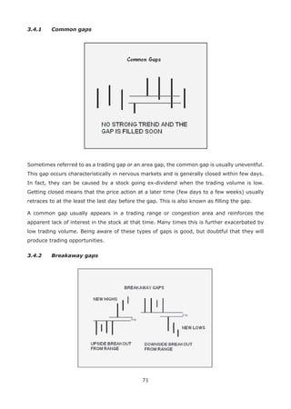 71
3.4.1 Common gaps
Sometimes referred to as a trading gap or an area gap, the common gap is usually uneventful.
This gap occurs characteristically in nervous markets and is generally closed within few days.
In fact, they can be caused by a stock going ex-dividend when the trading volume is low.
Getting closed means that the price action at a later time (few days to a few weeks) usually
retraces to at the least the last day before the gap. This is also known as ﬁlling the gap.
A common gap usually appears in a trading range or congestion area and reinforces the
apparent lack of interest in the stock at that time. Many times this is further exacerbated by
low trading volume. Being aware of these types of gaps is good, but doubtful that they will
produce trading opportunities.
3.4.2 Breakaway gaps
 