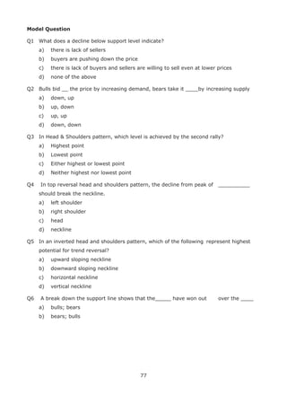 77
Model Question
Q1 What does a decline below support level indicate?
a) there is lack of sellers
b) buyers are pushing down the price
c) there is lack of buyers and sellers are willing to sell even at lower prices
d) none of the above
Q2 Bulls bid __ the price by increasing demand, bears take it ____by increasing supply
a) down, up
b) up, down
c) up, up
d) down, down
Q3 In Head & Shoulders pattern, which level is achieved by the second rally?
a) Highest point
b) Lowest point
c) Either highest or lowest point
d) Neither highest nor lowest point
Q4 In top reversal head and shoulders pattern, the decline from peak of __________
should break the neckline.
a) left shoulder
b) right shoulder
c) head
d) neckline
Q5 In an inverted head and shoulders pattern, which of the following represent highest
potential for trend reversal?
a) upward sloping neckline
b) downward sloping neckline
c) horizontal neckline
d) vertical neckline
Q6 A break down the support line shows that the_____ have won out over the ____
a) bulls; bears
b) bears; bulls
 