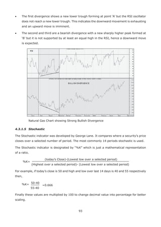 93
• The ﬁrst divergence shows a new lower trough forming at point ‘A’ but the RSI oscillator
does not reach a new lower trough. This indicates the downward movement is exhausting
and an upward move is imminent.
• The second and third are a bearish divergence with a new sharply higher peak formed at
‘B’ but it is not supported by at least an equal high in the RSI, hence a downward move
is expected.
Natural Gas Chart showing Strong Bullish Divergence
4.3.1.5 Stochastic
The Stochastic indicator was developed by George Lane. It compares where a security’s price
closes over a selected number of period. The most commonly 14 periods stochastic is used.
The Stochastic indicator is designated by “%K” which is just a mathematical representation
of a ratio.
%K=
(today’s Close)-(Lowest low over a selected period)
(Highest over a selected period)- (Lowest low over a selected period)
For example, if today’s close is 50 and high and low over last 14 days is 40 and 55 respectively
then,
%K=
50-40
=0.666
55-40
Finally these values are multiplied by 100 to change decimal value into percentage for better
scaling.
 