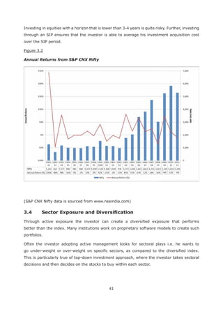 41
Investing in equities with a horizon that is lower than 3-4 years is quite risky. Further, investing
through an SIP ensures that the investor is able to average his investment acquisition cost
over the SIP period.
Figure 3.2
Annual Returns from S&P CNX Nifty
(S&P CNX Nifty data is sourced from www.nseindia.com)
Through active exposure the investor can create a diversified exposure that performs
better than the index. Many institutions work on proprietary software models to create such
portfolios.
Often the investor adopting active management looks for sectoral plays i.e. he wants to
go under-weight or over-weight on specific sectors, as compared to the diversified index.
This is particularly true of top-down investment approach, where the investor takes sectoral
decisions and then decides on the stocks to buy within each sector.
 