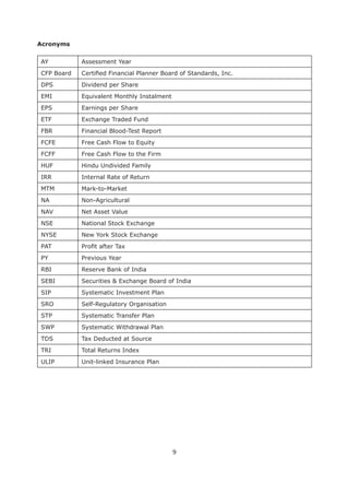 9
AY Assessment Year
CFP Board
DPS Dividend per Share
EMI Equivalent Monthly Instalment
EPS Earnings per Share
ETF Exchange Traded Fund
FBR Financial Blood-Test Report
FCFE Free Cash Flow to Equity
FCFF Free Cash Flow to the Firm
HUF Hindu Undivided Family
IRR Internal Rate of Return
MTM Mark-to-Market
NA Non-Agricultural
NAV Net Asset Value
NSE National Stock Exchange
NYSE New York Stock Exchange
PAT
PY Previous Year
RBI Reserve Bank of India
SEBI Securities & Exchange Board of India
SIP Systematic Investment Plan
SRO Self-Regulatory Organisation
STP Systematic Transfer Plan
SWP Systematic Withdrawal Plan
TDS Tax Deducted at Source
TRI Total Returns Index
ULIP Unit-linked Insurance Plan
 