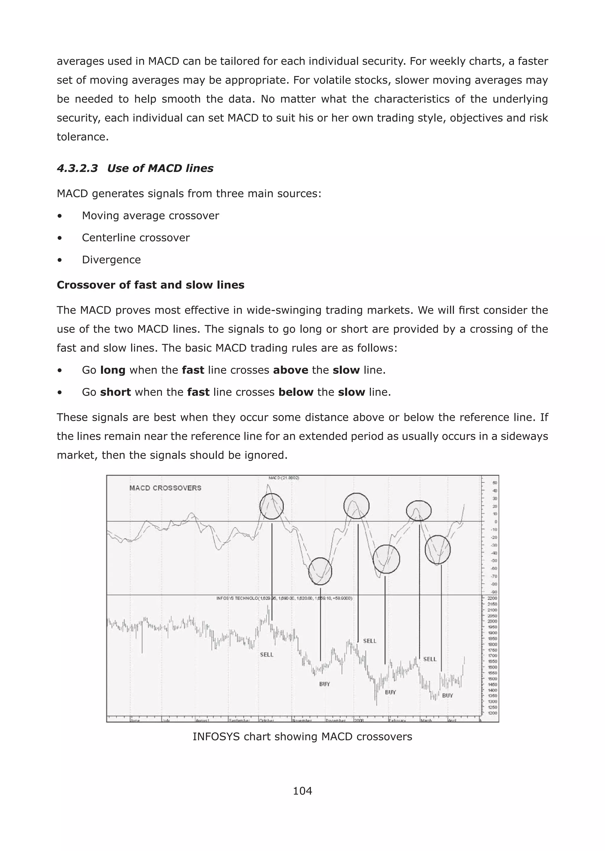 104
averages used in MACD can be tailored for each individual security. For weekly charts, a faster
set of moving averages may be appropriate. For volatile stocks, slower moving averages may
be needed to help smooth the data. No matter what the characteristics of the underlying
security, each individual can set MACD to suit his or her own trading style, objectives and risk
tolerance.
4.3.2.3 Use of MACD lines
MACD generates signals from three main sources:
• Moving average crossover
• Centerline crossover
• Divergence
Crossover of fast and slow lines
The MACD proves most effective in wide-swinging trading markets. We will ﬁrst consider the
use of the two MACD lines. The signals to go long or short are provided by a crossing of the
fast and slow lines. The basic MACD trading rules are as follows:
• Go long when the fast line crosses above the slow line.
• Go short when the fast line crosses below the slow line.
These signals are best when they occur some distance above or below the reference line. If
the lines remain near the reference line for an extended period as usually occurs in a sideways
market, then the signals should be ignored.
INFOSYS chart showing MACD crossovers
 