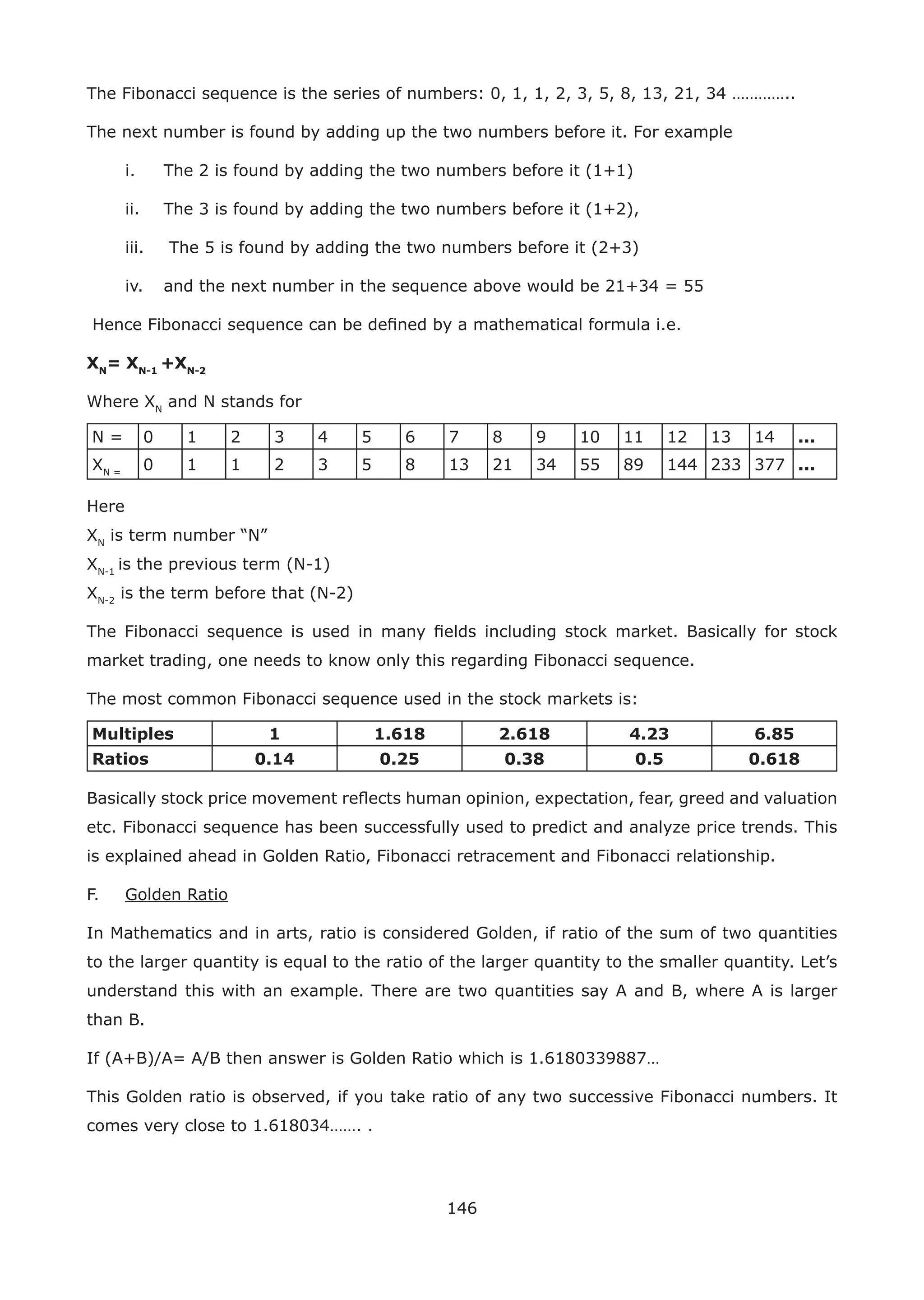 146
The Fibonacci sequence is the series of numbers: 0, 1, 1, 2, 3, 5, 8, 13, 21, 34 …………..
The next number is found by adding up the two numbers before it. For example
i. The 2 is found by adding the two numbers before it (1+1)
ii. The 3 is found by adding the two numbers before it (1+2),
iii. The 5 is found by adding the two numbers before it (2+3)
iv. and the next number in the sequence above would be 21+34 = 55
Hence Fibonacci sequence can be deﬁned by a mathematical formula i.e.
XN
= XN-1
+XN-2
Where XN
and N stands for
N = 0 1 2 3 4 5 6 7 8 9 10 11 12 13 14 ...
XN =
0 1 1 2 3 5 8 13 21 34 55 89 144 233 377 ...
Here
XN
is term number “N”
XN-1
is the previous term (N-1)
XN-2
is the term before that (N-2)
The Fibonacci sequence is used in many ﬁelds including stock market. Basically for stock
market trading, one needs to know only this regarding Fibonacci sequence.
The most common Fibonacci sequence used in the stock markets is:
Multiples 1 1.618 2.618 4.23 6.85
Ratios 0.14 0.25 0.38 0.5 0.618
Basically stock price movement reﬂects human opinion, expectation, fear, greed and valuation
etc. Fibonacci sequence has been successfully used to predict and analyze price trends. This
is explained ahead in Golden Ratio, Fibonacci retracement and Fibonacci relationship.
F. Golden Ratio
In Mathematics and in arts, ratio is considered Golden, if ratio of the sum of two quantities
to the larger quantity is equal to the ratio of the larger quantity to the smaller quantity. Let’s
understand this with an example. There are two quantities say A and B, where A is larger
than B.
If (A+B)/A= A/B then answer is Golden Ratio which is 1.6180339887…
This Golden ratio is observed, if you take ratio of any two successive Fibonacci numbers. It
comes very close to 1.618034……. .
 