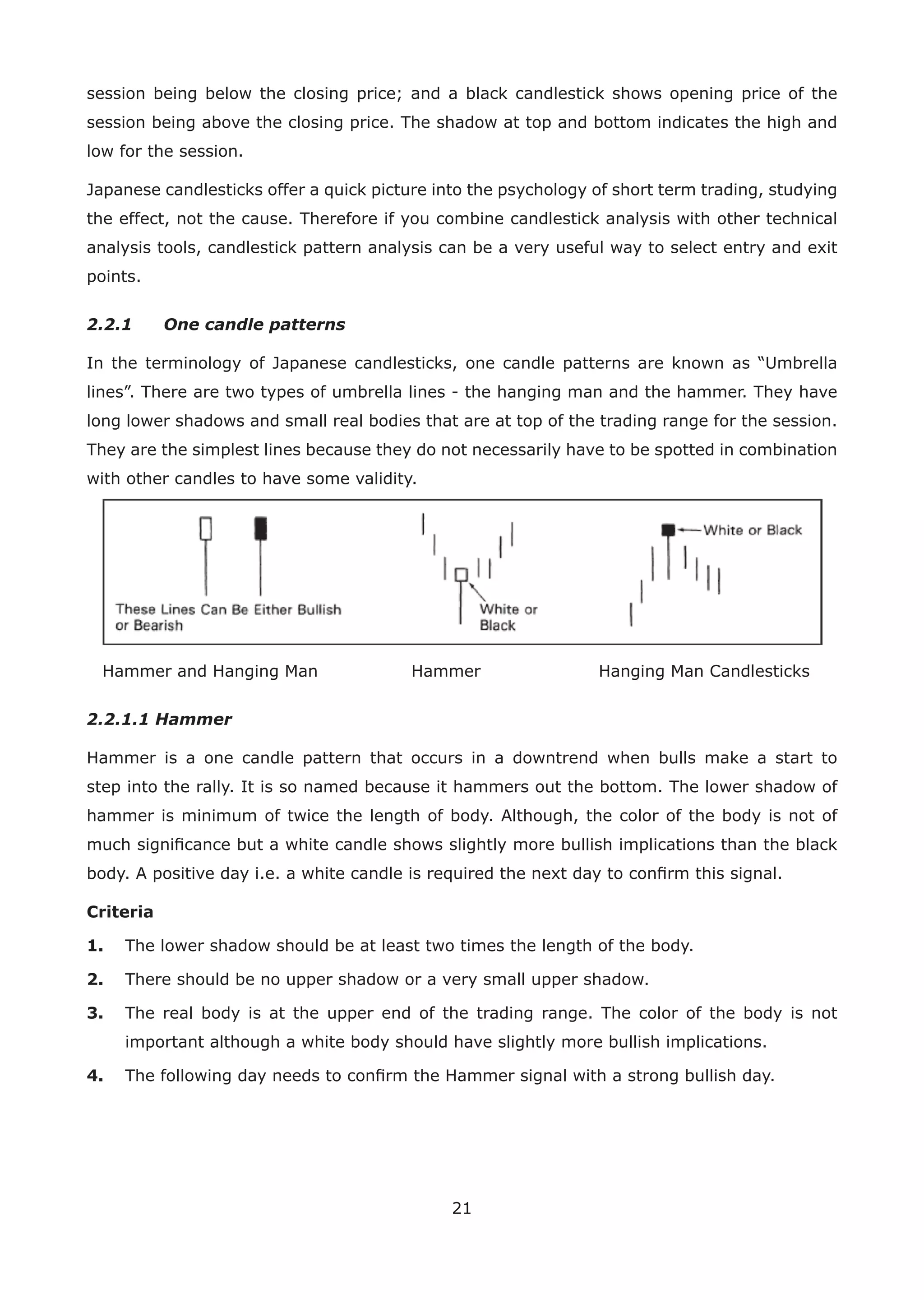 21
session being below the closing price; and a black candlestick shows opening price of the
session being above the closing price. The shadow at top and bottom indicates the high and
low for the session.
Japanese candlesticks offer a quick picture into the psychology of short term trading, studying
the effect, not the cause. Therefore if you combine candlestick analysis with other technical
analysis tools, candlestick pattern analysis can be a very useful way to select entry and exit
points.
2.2.1 One candle patterns
In the terminology of Japanese candlesticks, one candle patterns are known as “Umbrella
lines”. There are two types of umbrella lines - the hanging man and the hammer. They have
long lower shadows and small real bodies that are at top of the trading range for the session.
They are the simplest lines because they do not necessarily have to be spotted in combination
with other candles to have some validity.
Hammer and Hanging Man Hammer Hanging Man Candlesticks
2.2.1.1 Hammer
Hammer is a one candle pattern that occurs in a downtrend when bulls make a start to
step into the rally. It is so named because it hammers out the bottom. The lower shadow of
hammer is minimum of twice the length of body. Although, the color of the body is not of
much signiﬁcance but a white candle shows slightly more bullish implications than the black
body. A positive day i.e. a white candle is required the next day to conﬁrm this signal.
Criteria
1. The lower shadow should be at least two times the length of the body.
2. There should be no upper shadow or a very small upper shadow.
3. The real body is at the upper end of the trading range. The color of the body is not
important although a white body should have slightly more bullish implications.
4. The following day needs to conﬁrm the Hammer signal with a strong bullish day.
 
