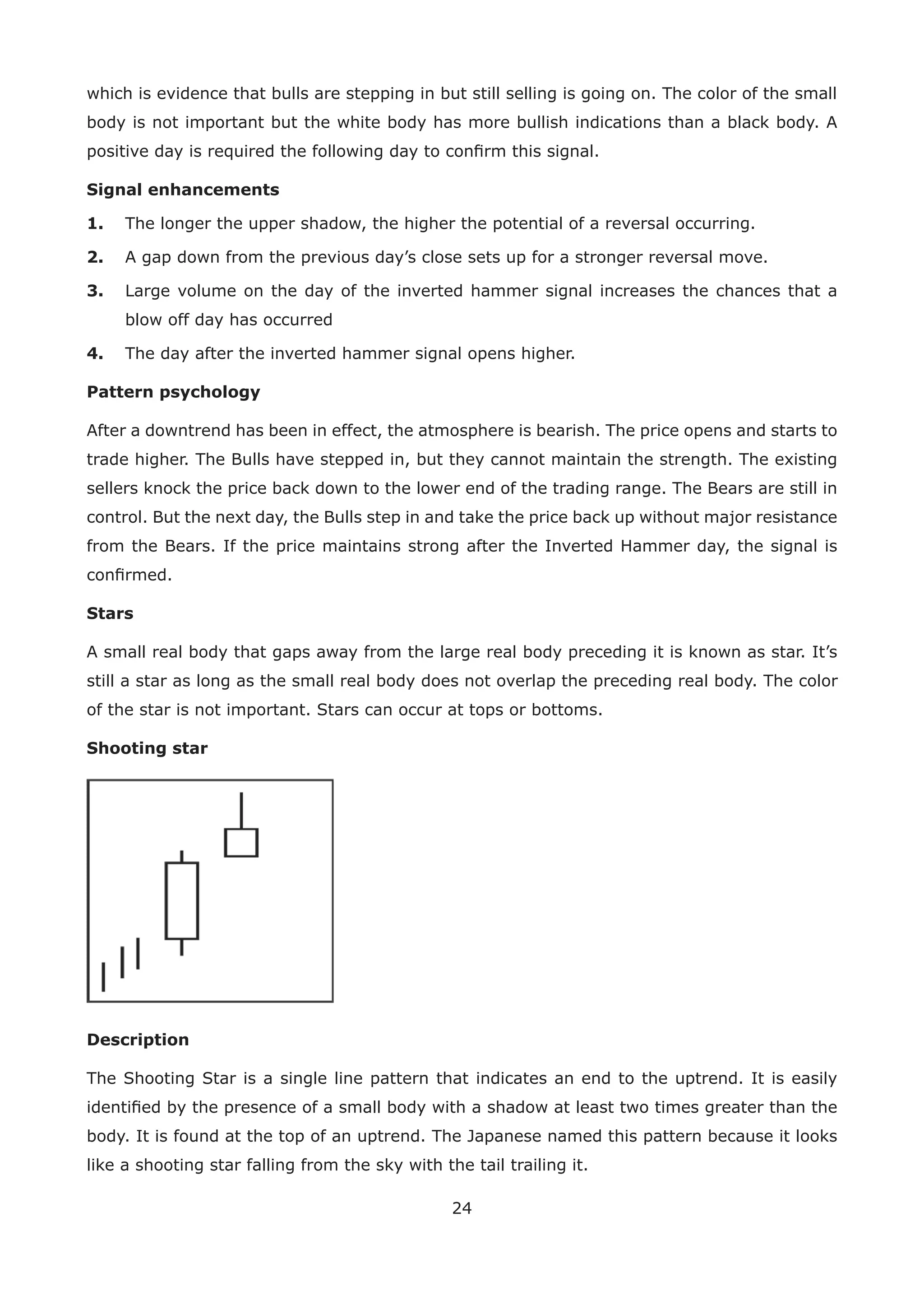 24
which is evidence that bulls are stepping in but still selling is going on. The color of the small
body is not important but the white body has more bullish indications than a black body. A
positive day is required the following day to conﬁrm this signal.
Signal enhancements
1. The longer the upper shadow, the higher the potential of a reversal occurring.
2. A gap down from the previous day’s close sets up for a stronger reversal move.
3. Large volume on the day of the inverted hammer signal increases the chances that a
blow off day has occurred
4. The day after the inverted hammer signal opens higher.
Pattern psychology
After a downtrend has been in effect, the atmosphere is bearish. The price opens and starts to
trade higher. The Bulls have stepped in, but they cannot maintain the strength. The existing
sellers knock the price back down to the lower end of the trading range. The Bears are still in
control. But the next day, the Bulls step in and take the price back up without major resistance
from the Bears. If the price maintains strong after the Inverted Hammer day, the signal is
conﬁrmed.
Stars
A small real body that gaps away from the large real body preceding it is known as star. It’s
still a star as long as the small real body does not overlap the preceding real body. The color
of the star is not important. Stars can occur at tops or bottoms.
Shooting star
Description
The Shooting Star is a single line pattern that indicates an end to the uptrend. It is easily
identiﬁed by the presence of a small body with a shadow at least two times greater than the
body. It is found at the top of an uptrend. The Japanese named this pattern because it looks
like a shooting star falling from the sky with the tail trailing it.
 