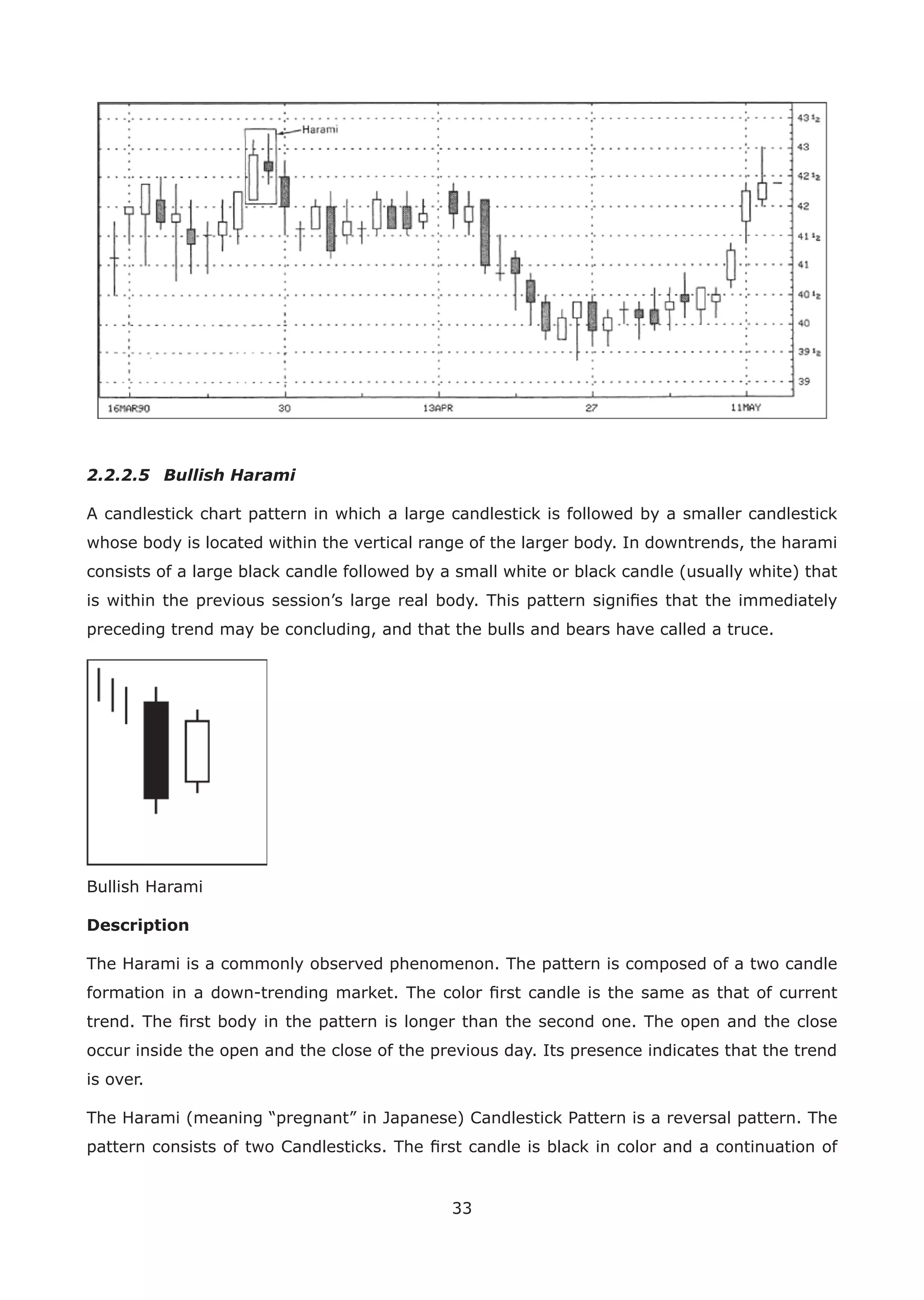 33
2.2.2.5 Bullish Harami
A candlestick chart pattern in which a large candlestick is followed by a smaller candlestick
whose body is located within the vertical range of the larger body. In downtrends, the harami
consists of a large black candle followed by a small white or black candle (usually white) that
is within the previous session’s large real body. This pattern signiﬁes that the immediately
preceding trend may be concluding, and that the bulls and bears have called a truce.
Bullish Harami
Description
The Harami is a commonly observed phenomenon. The pattern is composed of a two candle
formation in a down-trending market. The color ﬁrst candle is the same as that of current
trend. The ﬁrst body in the pattern is longer than the second one. The open and the close
occur inside the open and the close of the previous day. Its presence indicates that the trend
is over.
The Harami (meaning “pregnant” in Japanese) Candlestick Pattern is a reversal pattern. The
pattern consists of two Candlesticks. The ﬁrst candle is black in color and a continuation of
 