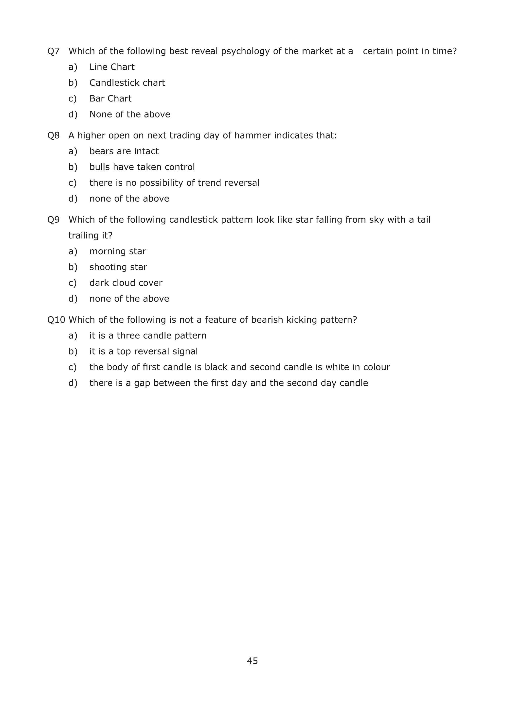 45
Q7 Which of the following best reveal psychology of the market at a certain point in time?
a) Line Chart
b) Candlestick chart
c) Bar Chart
d) None of the above
Q8 A higher open on next trading day of hammer indicates that:
a) bears are intact
b) bulls have taken control
c) there is no possibility of trend reversal
d) none of the above
Q9 Which of the following candlestick pattern look like star falling from sky with a tail
trailing it?
a) morning star
b) shooting star
c) dark cloud cover
d) none of the above
Q10 Which of the following is not a feature of bearish kicking pattern?
a) it is a three candle pattern
b) it is a top reversal signal
c) the body of ﬁrst candle is black and second candle is white in colour
d) there is a gap between the ﬁrst day and the second day candle
 