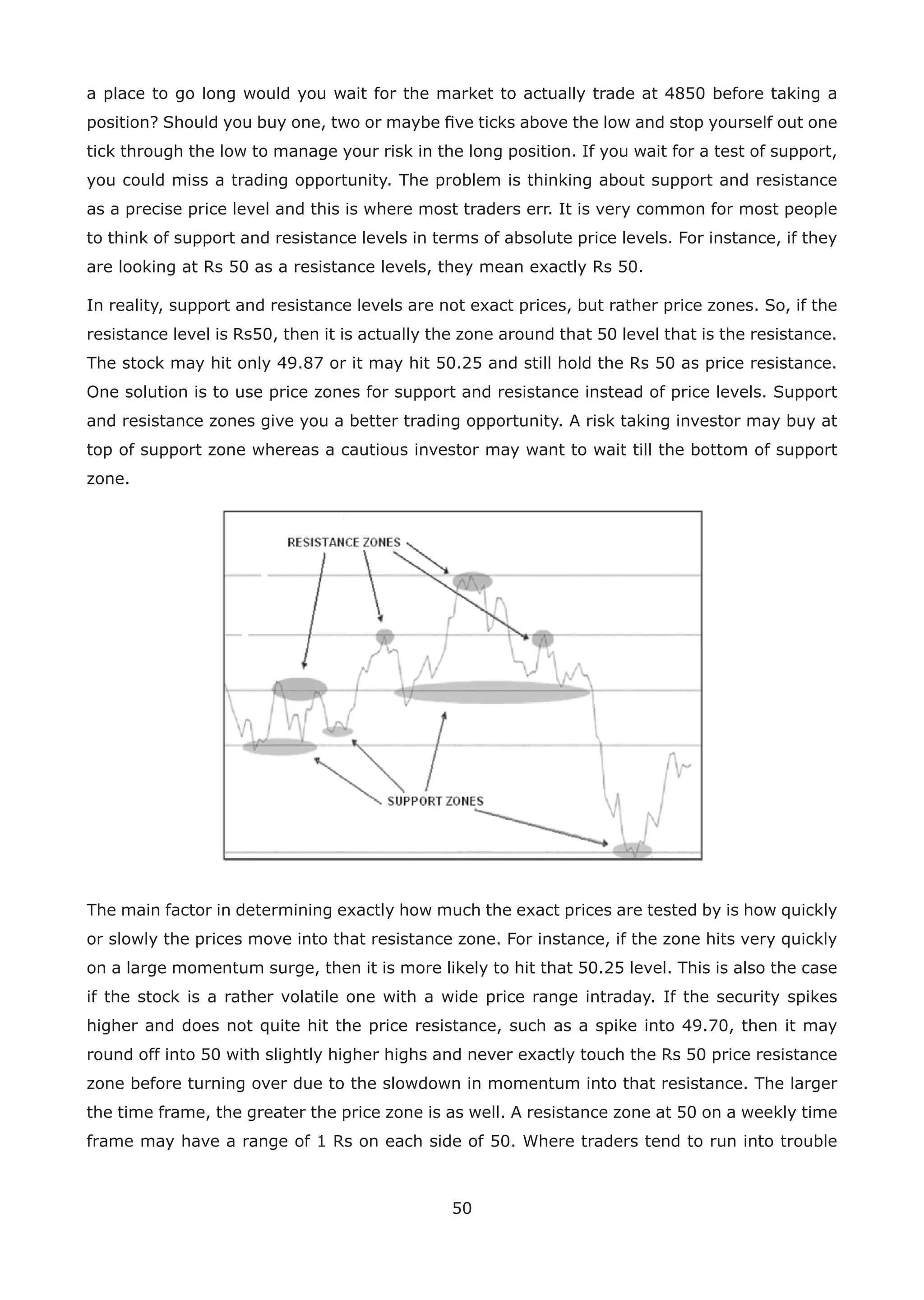 50
a place to go long would you wait for the market to actually trade at 4850 before taking a
position? Should you buy one, two or maybe ﬁve ticks above the low and stop yourself out one
tick through the low to manage your risk in the long position. If you wait for a test of support,
you could miss a trading opportunity. The problem is thinking about support and resistance
as a precise price level and this is where most traders err. It is very common for most people
to think of support and resistance levels in terms of absolute price levels. For instance, if they
are looking at Rs 50 as a resistance levels, they mean exactly Rs 50.
In reality, support and resistance levels are not exact prices, but rather price zones. So, if the
resistance level is Rs50, then it is actually the zone around that 50 level that is the resistance.
The stock may hit only 49.87 or it may hit 50.25 and still hold the Rs 50 as price resistance.
One solution is to use price zones for support and resistance instead of price levels. Support
and resistance zones give you a better trading opportunity. A risk taking investor may buy at
top of support zone whereas a cautious investor may want to wait till the bottom of support
zone.
The main factor in determining exactly how much the exact prices are tested by is how quickly
or slowly the prices move into that resistance zone. For instance, if the zone hits very quickly
on a large momentum surge, then it is more likely to hit that 50.25 level. This is also the case
if the stock is a rather volatile one with a wide price range intraday. If the security spikes
higher and does not quite hit the price resistance, such as a spike into 49.70, then it may
round off into 50 with slightly higher highs and never exactly touch the Rs 50 price resistance
zone before turning over due to the slowdown in momentum into that resistance. The larger
the time frame, the greater the price zone is as well. A resistance zone at 50 on a weekly time
frame may have a range of 1 Rs on each side of 50. Where traders tend to run into trouble
 