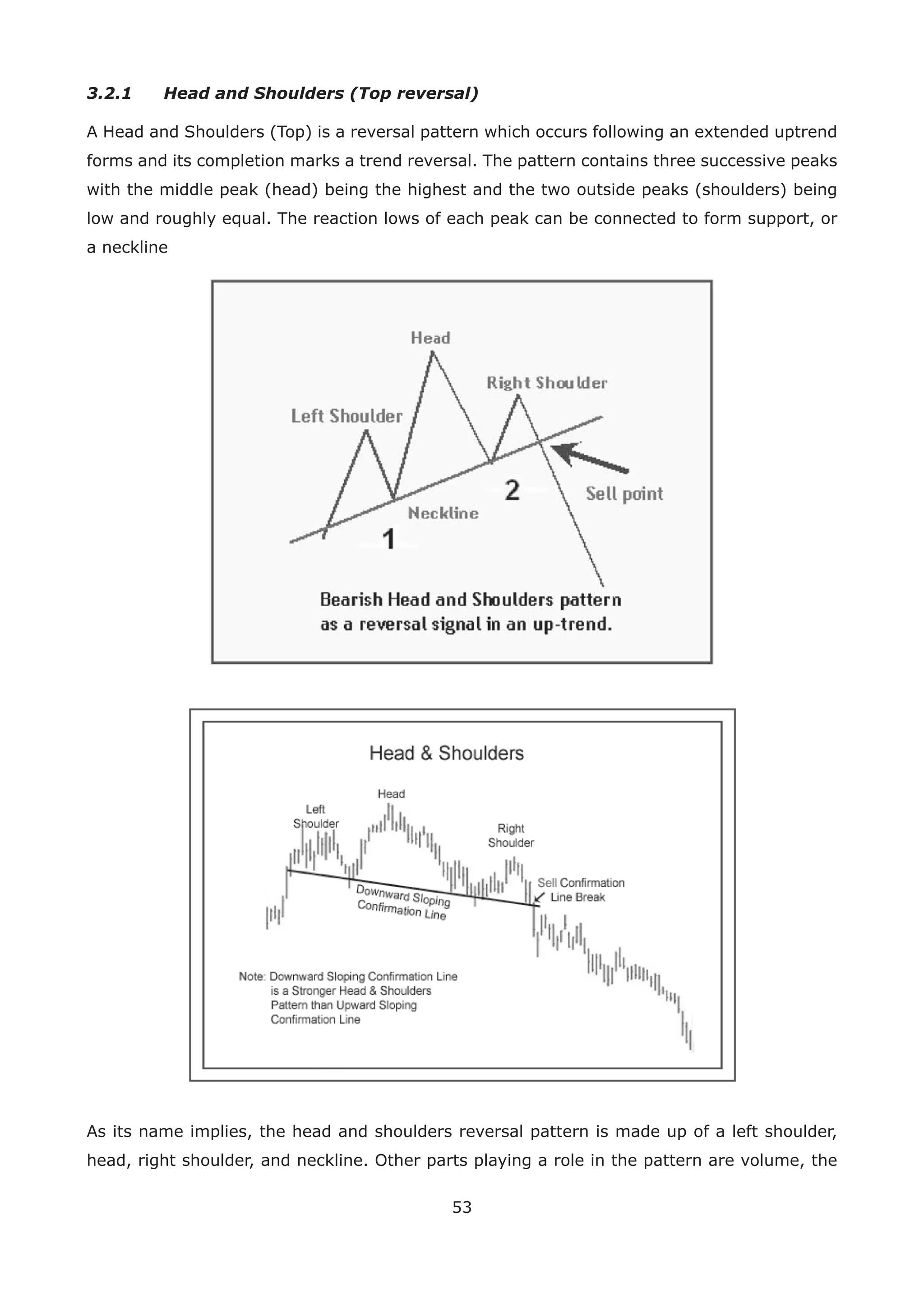 53
3.2.1 Head and Shoulders (Top reversal)
A Head and Shoulders (Top) is a reversal pattern which occurs following an extended uptrend
forms and its completion marks a trend reversal. The pattern contains three successive peaks
with the middle peak (head) being the highest and the two outside peaks (shoulders) being
low and roughly equal. The reaction lows of each peak can be connected to form support, or
a neckline
As its name implies, the head and shoulders reversal pattern is made up of a left shoulder,
head, right shoulder, and neckline. Other parts playing a role in the pattern are volume, the
 