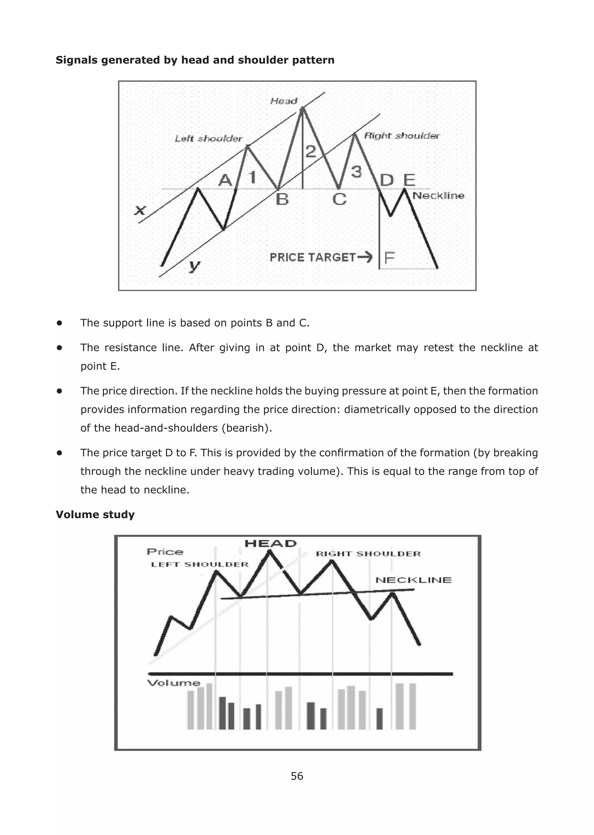 56
Signals generated by head and shoulder pattern
• The support line is based on points B and C.
• The resistance line. After giving in at point D, the market may retest the neckline at
point E.
• The price direction. If the neckline holds the buying pressure at point E, then the formation
provides information regarding the price direction: diametrically opposed to the direction
of the head-and-shoulders (bearish).
• The price target D to F. This is provided by the conﬁrmation of the formation (by breaking
through the neckline under heavy trading volume). This is equal to the range from top of
the head to neckline.
Volume study
 