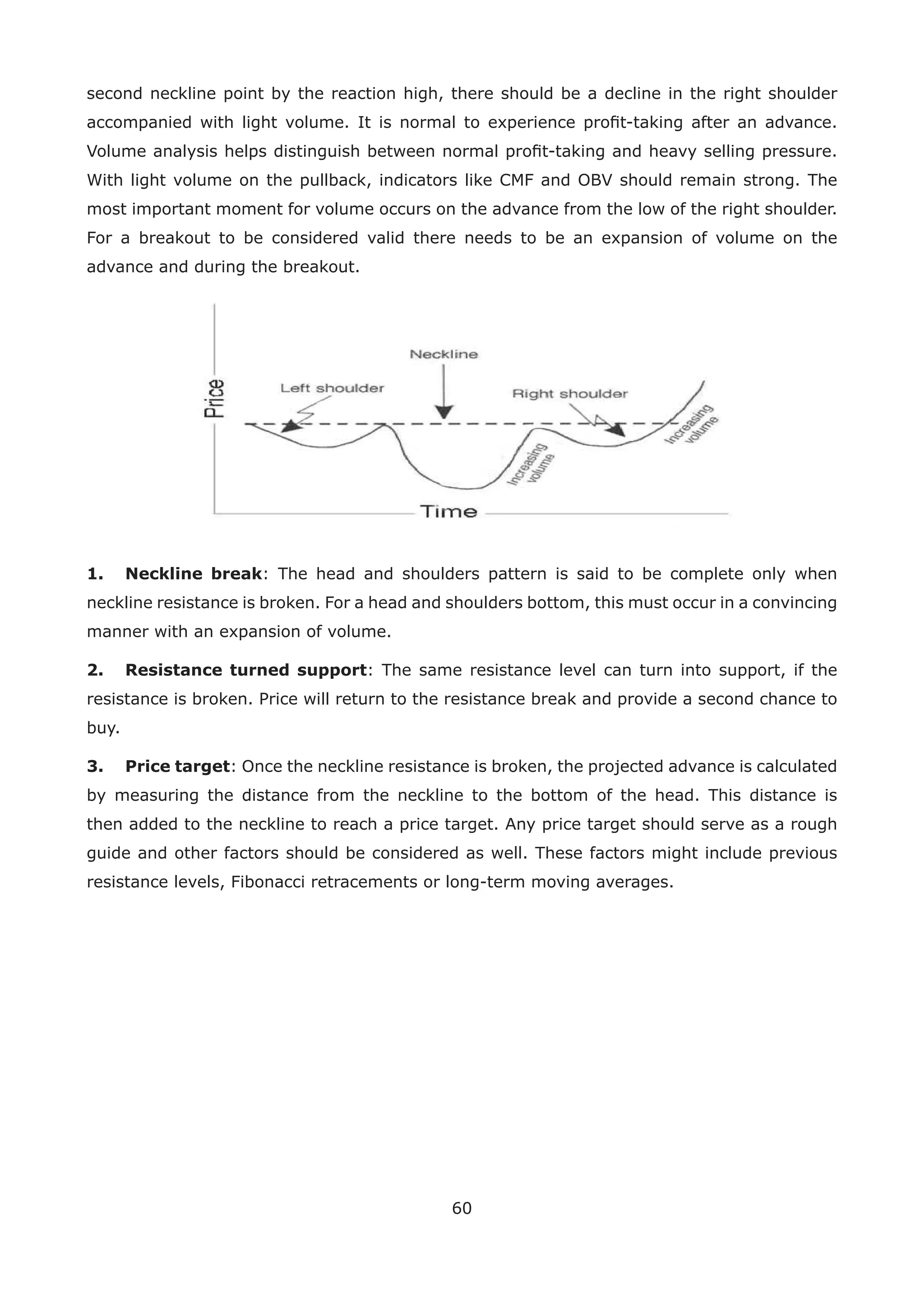 60
second neckline point by the reaction high, there should be a decline in the right shoulder
accompanied with light volume. It is normal to experience proﬁt-taking after an advance.
Volume analysis helps distinguish between normal proﬁt-taking and heavy selling pressure.
With light volume on the pullback, indicators like CMF and OBV should remain strong. The
most important moment for volume occurs on the advance from the low of the right shoulder.
For a breakout to be considered valid there needs to be an expansion of volume on the
advance and during the breakout.
1. Neckline break: The head and shoulders pattern is said to be complete only when
neckline resistance is broken. For a head and shoulders bottom, this must occur in a convincing
manner with an expansion of volume.
2. Resistance turned support: The same resistance level can turn into support, if the
resistance is broken. Price will return to the resistance break and provide a second chance to
buy.
3. Price target: Once the neckline resistance is broken, the projected advance is calculated
by measuring the distance from the neckline to the bottom of the head. This distance is
then added to the neckline to reach a price target. Any price target should serve as a rough
guide and other factors should be considered as well. These factors might include previous
resistance levels, Fibonacci retracements or long-term moving averages.
 