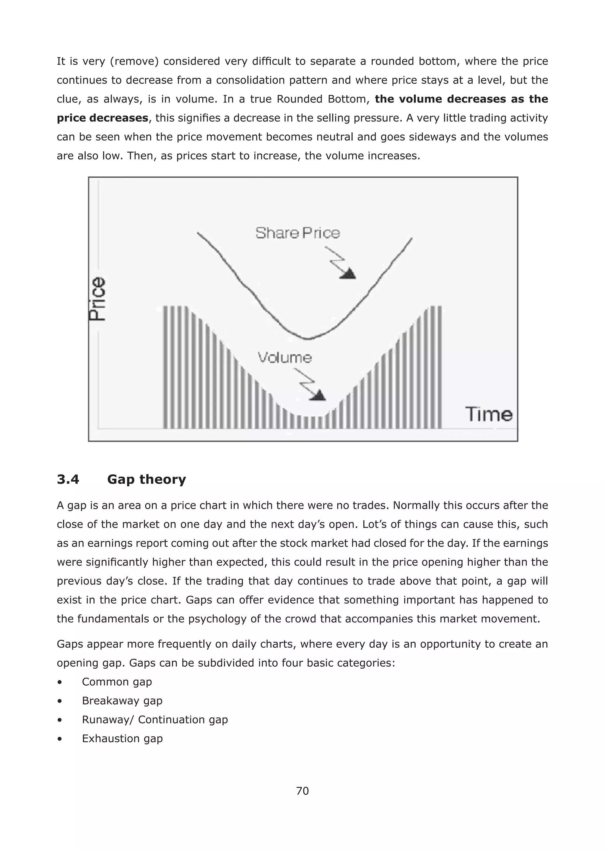 70
It is very (remove) considered very difﬁcult to separate a rounded bottom, where the price
continues to decrease from a consolidation pattern and where price stays at a level, but the
clue, as always, is in volume. In a true Rounded Bottom, the volume decreases as the
price decreases, this signiﬁes a decrease in the selling pressure. A very little trading activity
can be seen when the price movement becomes neutral and goes sideways and the volumes
are also low. Then, as prices start to increase, the volume increases.
3.4 Gap theory
A gap is an area on a price chart in which there were no trades. Normally this occurs after the
close of the market on one day and the next day’s open. Lot’s of things can cause this, such
as an earnings report coming out after the stock market had closed for the day. If the earnings
were signiﬁcantly higher than expected, this could result in the price opening higher than the
previous day’s close. If the trading that day continues to trade above that point, a gap will
exist in the price chart. Gaps can offer evidence that something important has happened to
the fundamentals or the psychology of the crowd that accompanies this market movement.
Gaps appear more frequently on daily charts, where every day is an opportunity to create an
opening gap. Gaps can be subdivided into four basic categories:
• Common gap
• Breakaway gap
• Runaway/ Continuation gap
• Exhaustion gap
 