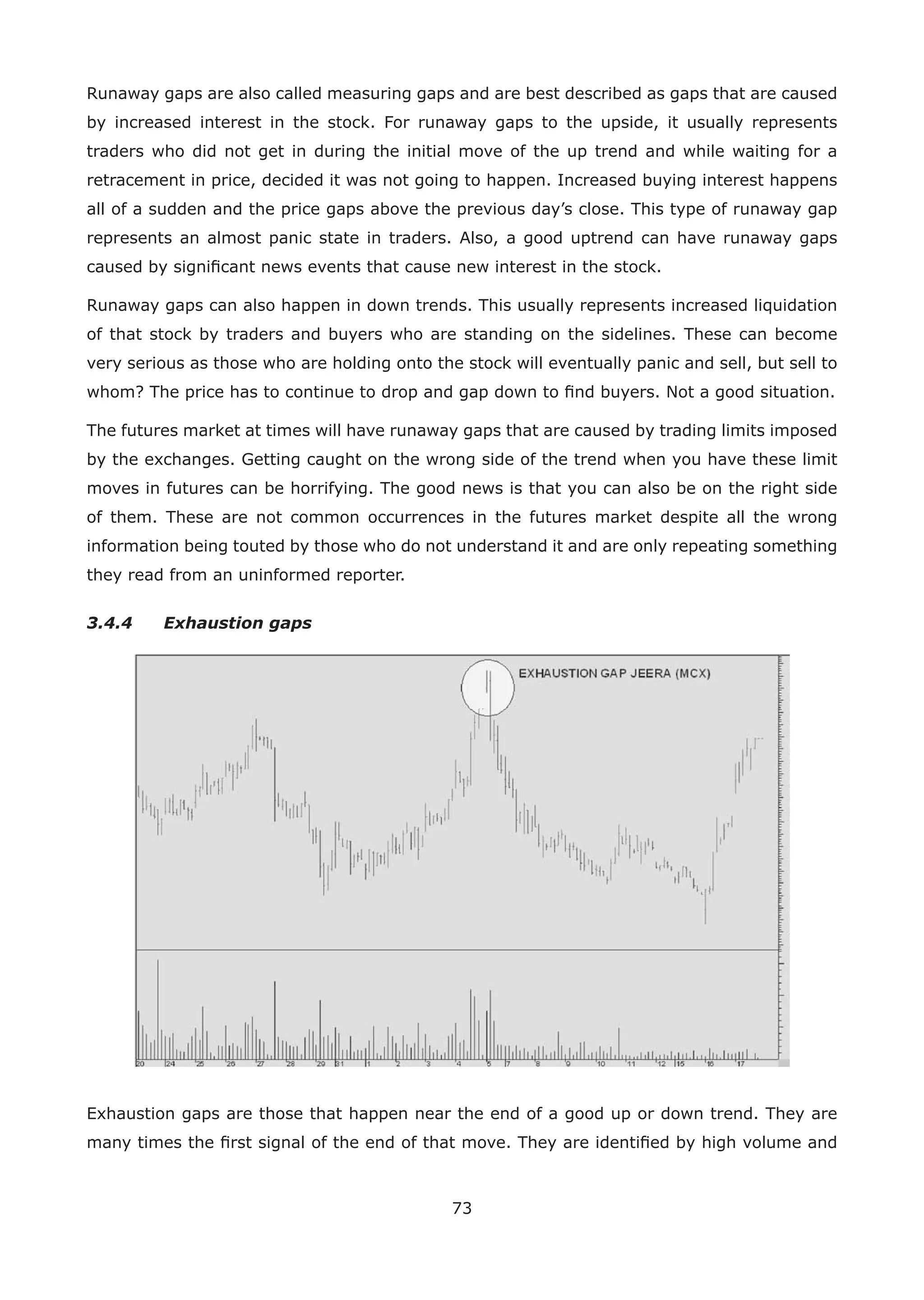 73
Runaway gaps are also called measuring gaps and are best described as gaps that are caused
by increased interest in the stock. For runaway gaps to the upside, it usually represents
traders who did not get in during the initial move of the up trend and while waiting for a
retracement in price, decided it was not going to happen. Increased buying interest happens
all of a sudden and the price gaps above the previous day’s close. This type of runaway gap
represents an almost panic state in traders. Also, a good uptrend can have runaway gaps
caused by signiﬁcant news events that cause new interest in the stock.
Runaway gaps can also happen in down trends. This usually represents increased liquidation
of that stock by traders and buyers who are standing on the sidelines. These can become
very serious as those who are holding onto the stock will eventually panic and sell, but sell to
whom? The price has to continue to drop and gap down to ﬁnd buyers. Not a good situation.
The futures market at times will have runaway gaps that are caused by trading limits imposed
by the exchanges. Getting caught on the wrong side of the trend when you have these limit
moves in futures can be horrifying. The good news is that you can also be on the right side
of them. These are not common occurrences in the futures market despite all the wrong
information being touted by those who do not understand it and are only repeating something
they read from an uninformed reporter.
3.4.4 Exhaustion gaps
Exhaustion gaps are those that happen near the end of a good up or down trend. They are
many times the ﬁrst signal of the end of that move. They are identiﬁed by high volume and
 