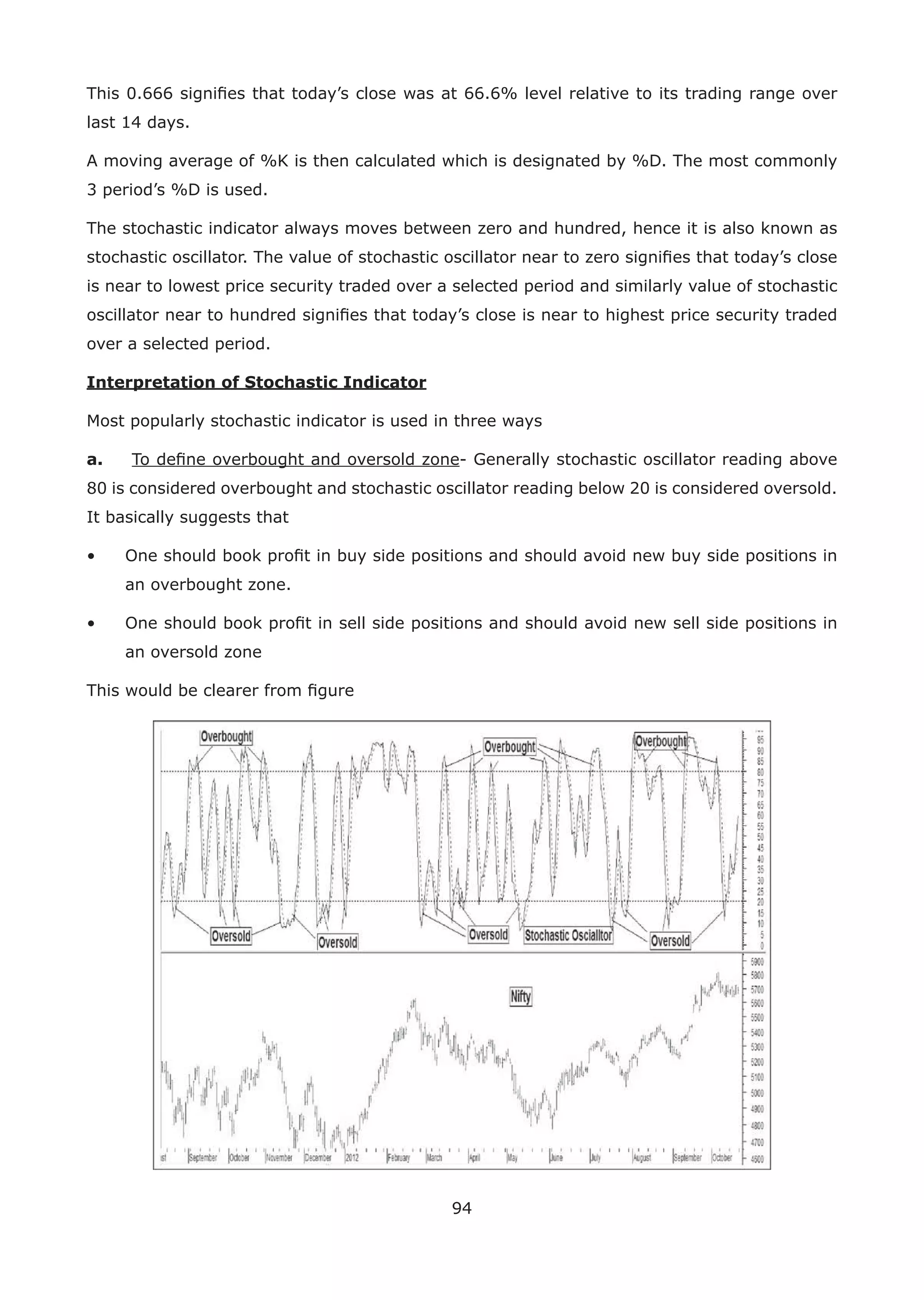 94
This 0.666 signiﬁes that today’s close was at 66.6% level relative to its trading range over
last 14 days.
A moving average of %K is then calculated which is designated by %D. The most commonly
3 period’s %D is used.
The stochastic indicator always moves between zero and hundred, hence it is also known as
stochastic oscillator. The value of stochastic oscillator near to zero signiﬁes that today’s close
is near to lowest price security traded over a selected period and similarly value of stochastic
oscillator near to hundred signiﬁes that today’s close is near to highest price security traded
over a selected period.
Interpretation of Stochastic Indicator
Most popularly stochastic indicator is used in three ways
a. To deﬁne overbought and oversold zone- Generally stochastic oscillator reading above
80 is considered overbought and stochastic oscillator reading below 20 is considered oversold.
It basically suggests that
• One should book proﬁt in buy side positions and should avoid new buy side positions in
an overbought zone.
• One should book proﬁt in sell side positions and should avoid new sell side positions in
an oversold zone
This would be clearer from ﬁgure
 