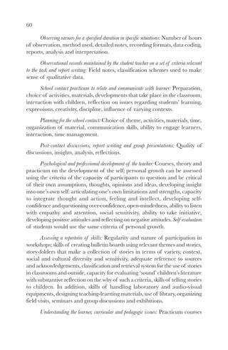 60
Observing earners for a specified duration in specific situations: Number of hours
of observation, method used, detailed notes, recording formats, data coding,
reports, analysis and interpretation.
Observational records maintained by the student teacher on a set of criteria relevant
to the task and report writing: Field notes, classification schemes used to make
sense of qualitative data.
School contact practicum to relate and communicate with learner: Preparation,
choice of activities, materials, developments that take place in the classroom,
interaction with children, reflection on issues regarding students’ learning,
expressions, creativity, discipline, influence of varying contexts.
Planning for the school contact: Choice of theme, activities, materials, time,
organization of material, communication skills, ability to engage learners,
interaction, time management.
Post-contact discussions, report writing and group presentations: Quality of
discussions, insights, analysis, reflections.
Psychological and professional development of the teacher: Courses, theory and
practicum on the development of the self; personal growth can be assessed
using the criteria of the capacity of participants to question and be critical
of their own assumptions, thoughts, opinions and ideas, developing insight
into one’s own self: articulating one’s own limitations and strengths, capacity
to integrate thought and action, feeling and intellect, developing self-
confidence and questioning over-confidence, open-mindedness, ability to listen
with empathy and attention, social sensitivity, ability to take initiative,
developing positive attitudes and reflecting on negative attitudes. Self-evaluation
of students would use the same criteria of personal growth.
Assessing a repertoire of skills: Regularity and nature of participation in
workshops; skills of creating bulletin boards using relevant themes and stories,
story-folders that make a collection of stories in terms of variety, context,
social and cultural diversity and sensitivity, adequate reference to sources
and acknowledgements, classification and retrieval system for the use of stories
in classrooms and outside, capacity for evaluating ‘sound’ children’s literature
with substantive reflection on the why of such a criteria, skills of telling stories
to children. In addition, skills of handling laboratory and audio-visual
equipments, designing teaching-learning materials, use of library, organizing
field visits, seminars and group discussions and exhibitions.
Understanding the learner, curricular and pedagogic issues: Practicum courses
 