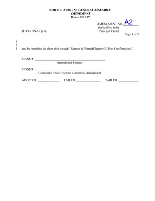 NORTH CAROLINA GENERAL ASSEMBLY
AMENDMENT
House Bill 149
AMENDMENT NO.__________
(to be filled in by
H149-ABN-10 [v.8] Pri...