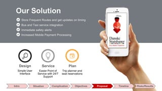 Commerce Slides
Simple User
Interface
Design
Easier Point of
Service with 24/7
Support
Service
Trip planner and
seat reservations
Plan
Store Frequent Routes and get updates on timing
Bus and Taxi service integration
Immediate safety alerts
Increased Mobile Payment Processing
Our Solution
Intro Situation Complication Objectives Proposal Timeline Risks/Results
 