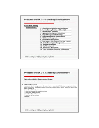 Proposed URISA GIS Capability Maturity Model


Execution Ability
  Components:




 URISA Local Agency GIS Capability Maturity Model




Proposed URISA GIS Capability Maturity Model


Execution Ability Assessment Scale:




 URISA Local Agency GIS Capability Maturity Model
 